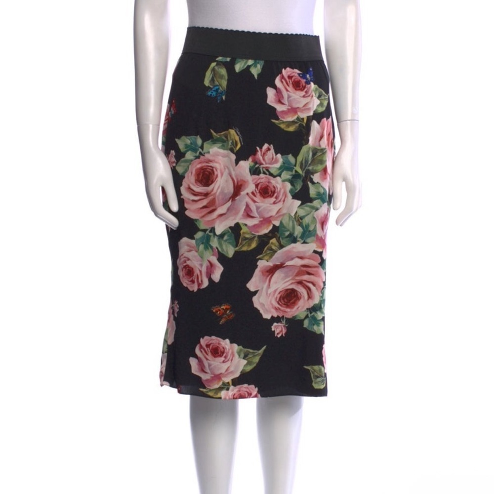 Dolce & Gabbana Silk Skirt Black Green Pink Floral Print Scalloped Grosgrain Zip - Picture 9 of 11